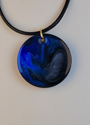 Handcrafted Black, Blue, and White 1.25" Circle Pendant Necklace or Keychain - image1